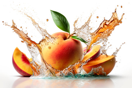 Fruit splashing of juice with peach with a splash of water on white background, digital illustration painting, Generative AIの素材
