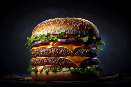 Big hamburger with a lot of cheese and lettuce on it on dark background, digital illustration painting, Generative AIの素材
