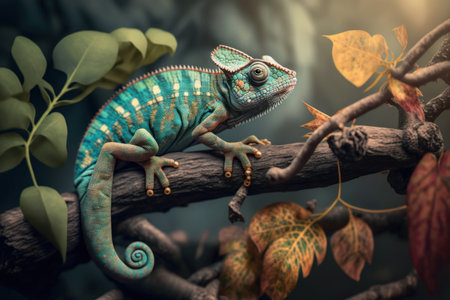 Close up green colored chameleon, digital illustration painting, Generative AIの素材