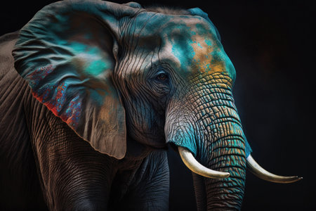 Painting of an elephant with multi-colored paints on the face and tusks. AI Generativeの素材