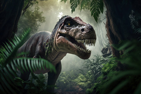 Close big Tyrannosaurus rex in the jungle, digital illustration painting, Generative AIの素材