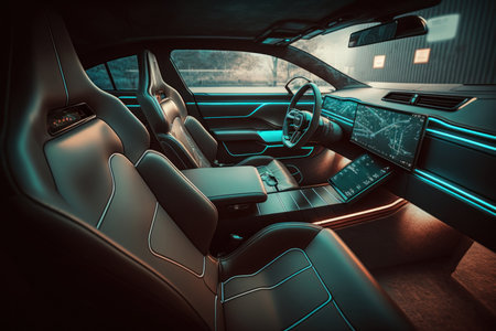 Luxury electric car interior, digital illustration painting, Generative AIの素材