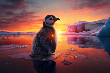 Penguin in polar regions on sunset background, digital illustration painting, Generative AIの素材