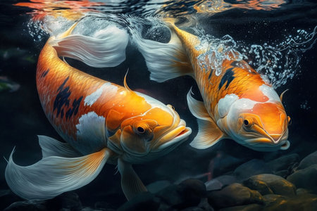 Koi fishes swimming in the river, digital illustration painting, Generative AIの素材