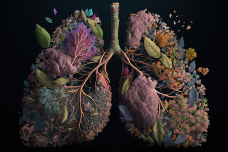 Lungs made from flowers and nature on dark background, digital illustration painting, Generative AIの素材