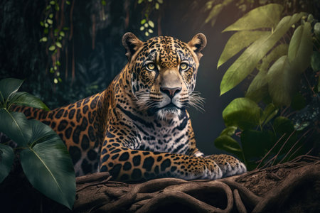 Leopard portrait on jungle background, digital illustration painting, Generative AIの素材