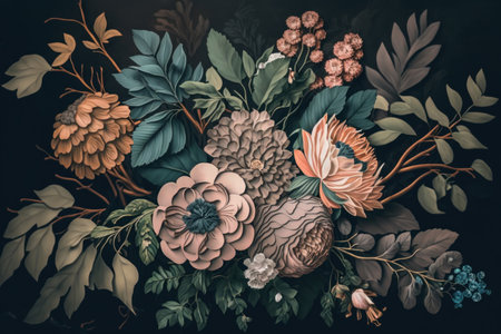Fantasy vintage wallpaper, botanical flower background. Illustration, Generative AIの素材