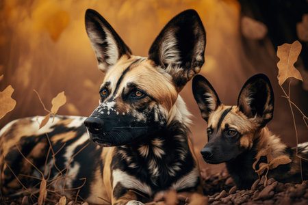 African dog with cub in natural habitat. Illustration, Generative AIの素材