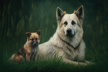 Dog with cub in natural habitat. Illustration, Generative AIの素材