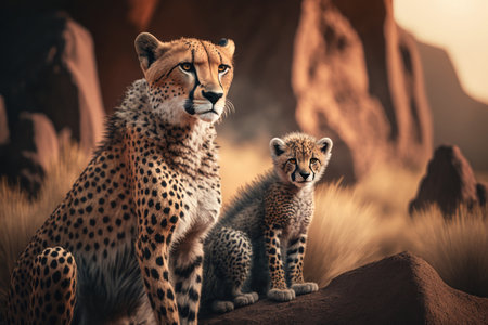 Cheetah with cub in natural habitat. Illustration, Generative AIの素材