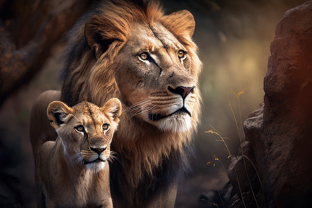 Lion with cub in natural habitat. Illustration, Generative AIの素材