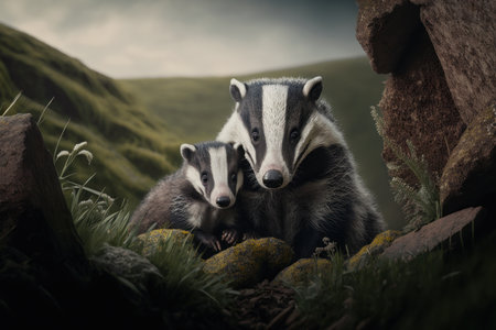Badger with cub in natural habitat. Illustration, Generative AIの素材