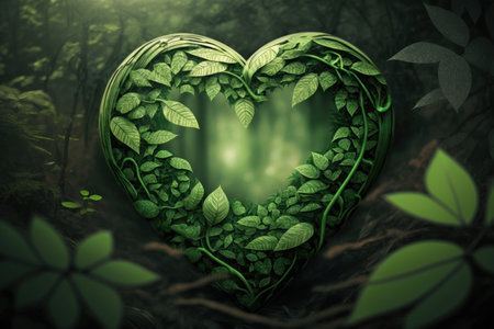 Green heart shapes with leaf on green forest background. Illustration, Generative AIの素材