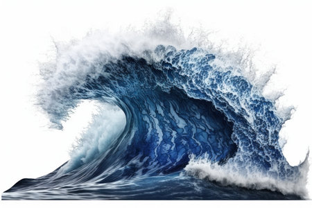 Large stormy sea wave in deep blue isolated on white. Illustration, Generative AIの素材
