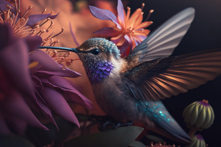 Hummingbird in flight in close-up, against a background of a tropical colorful forest and plants drinking flower nectar. Illustration, Generative AIの素材