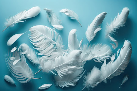 White feathers floating in the air on light blue. Illustration, Generative AIの素材