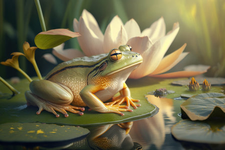 Close frog in summer pond with white water lily, AI Generativeの素材