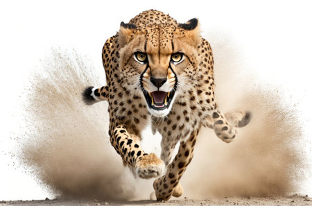 Cheetah running on camera isolated on white background. Illustration, Generative AIの素材