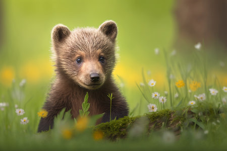 Baby bear in spring green grass with flowers. Illustration, Generative AIの素材