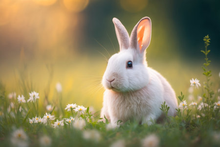 Baby rabbit in spring green grass with flowers. Illustration, Generative AIの素材
