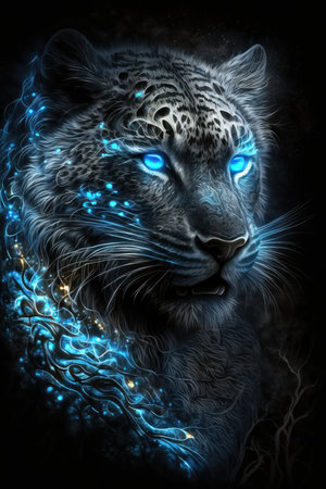 Magic frost tiger with blue eyes on black background. Illustration, Generative AIの素材