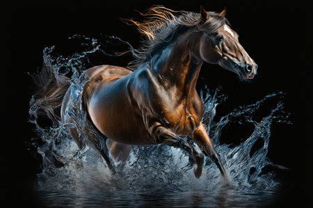 Horse runs through the water with many big splashes, AI Generativeの素材