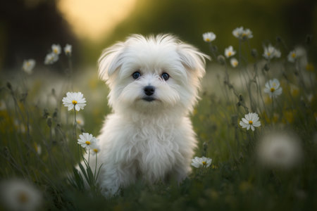 Baby dog in spring green grass with flowers. Illustration, Generative AIの素材
