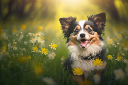 Baby dog in spring green grass with flowers. Illustration, Generative AIの素材