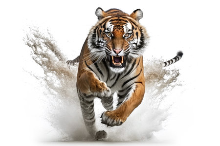 Tiger running on camera isolated on white background. Illustration, Generative AIの素材