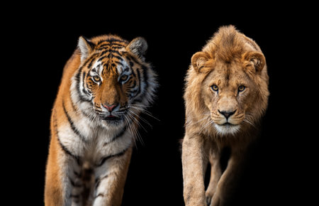 Close up beautiful angry big tiger and lion isolated on black backgroundの写真素材
