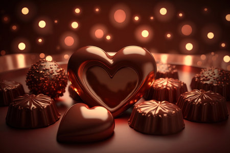 Various chocolate candies in the shape of a heart on a festive background, AI Generativeの素材