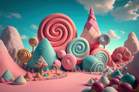 Fantasy home made of sweet candy, colorful dreamy landscape mountain, AI Generativeの素材