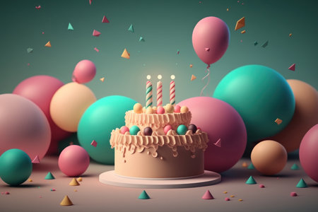 Festive happy birthday cake with a candle and decorations ballons, digital illustration painting, Generative AIの素材