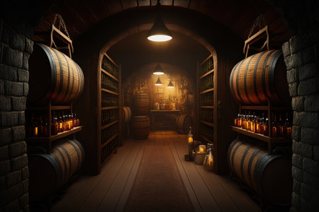 Alcohol barrel room interior, wine or whiskey , digital illustration painting, Generative AIの素材