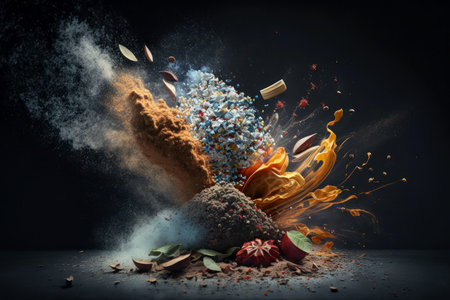 Explosion of spices against a dark background, digital illustration painting, Generative AIの素材