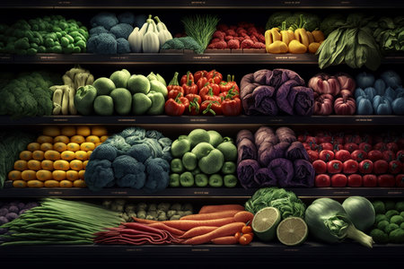 Vegetables in abundance in a supermarket's produce section, digital illustration painting, Generative AIの素材