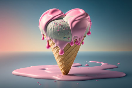 Illustration of ice cream on a pastel background in the shape of a heart, digital illustration painting, Generative AIの素材