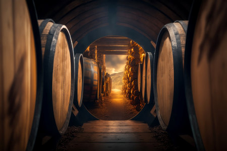 Alcohol barrel room interior, wine or whiskey , digital illustration painting, Generative AIの素材