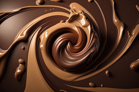 Chocolate swirl background, brown and white melted chocolate flowing, cocoa, digital illustration painting, Generative AIの素材
