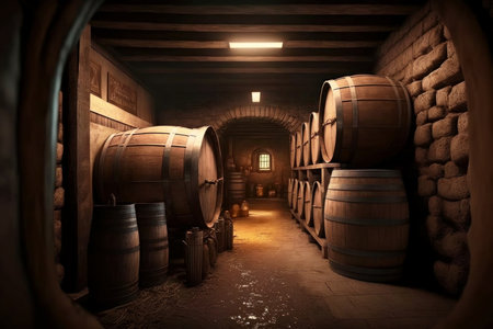 Alcohol barrel room interior, wine or whiskey , digital illustration painting, Generative AIの素材