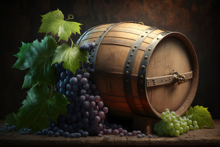 Wine grape and barrel, digital illustration painting, Generative AIの素材