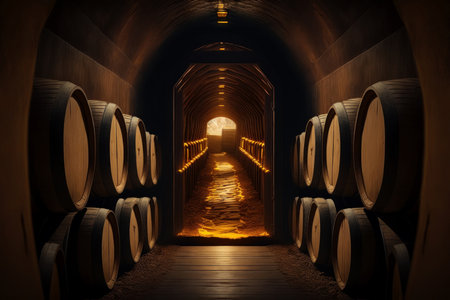 Alcohol barrel room interior, wine or whiskey , digital illustration painting, Generative AIの素材