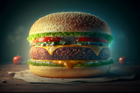 Big hamburger with a lot of cheese and lettuce on it on dark background, digital illustration painting, Generative AIの素材
