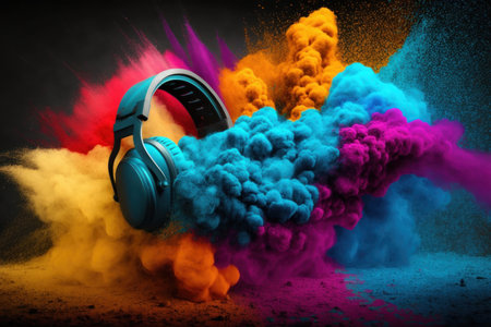Headphone and vivid color powder on dark background, digital illustration painting, Generative AIの素材