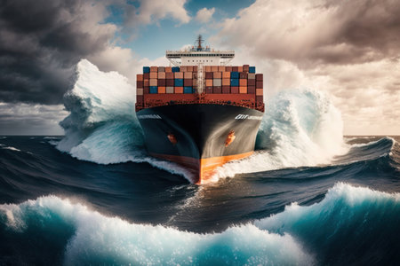 Big cargo ship with many loaded container is seen in the front as it speeds over the ocean, digital illustration painting, Generative AIの素材