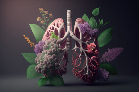 Lungs made from flowers and nature on dark background, digital illustration painting, Generative AIの素材