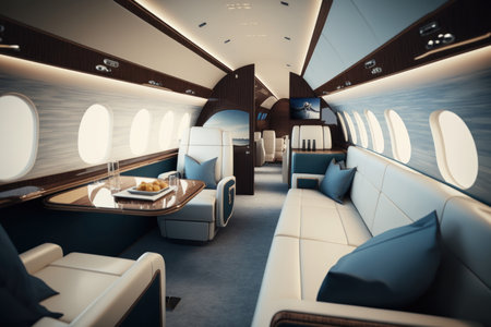 Luxurious interior inside VIP private airplane, digital illustration painting, Generative AIの素材