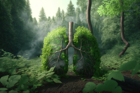 Human lungs made with fresh green plant leaves and herbs in forest, digital illustration painting, Generative AIの素材