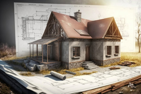 House under construction blueprint, digital illustration painting, Generative AIの素材
