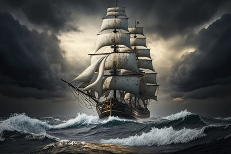 Old Sailing ship adrift in the ocean on a stormy day with big waves, digital illustration painting, Generative AIの素材